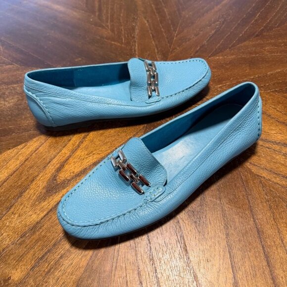 Talbots Blue Leather Slip on Loafers Women 9 B Buckles - Picture 3 of 9